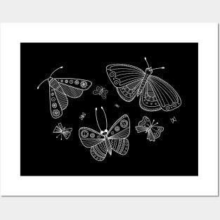 Butterflies line art white Posters and Art